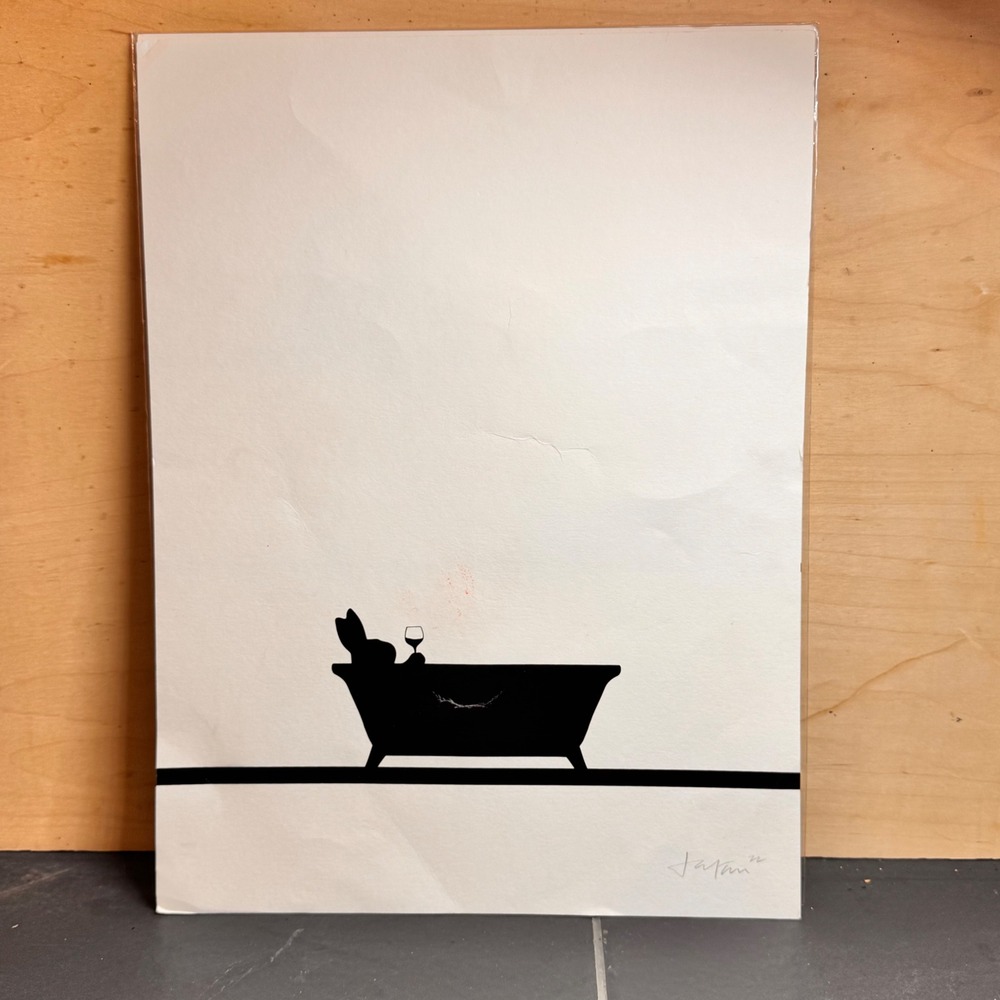 HAM 16x12 Hand‎ Pulled Screen Print Rabbit Bathtub Wine Art Made in London